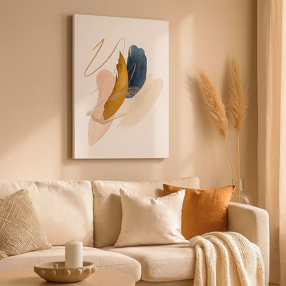 Impression sur toile - Image sur toile - Traits abstraits aux couleurs pastel avec des accents dorés - 50x70cm - Composition ailée - Décoration murale moderne pour le salon et la chambre ARTTOR