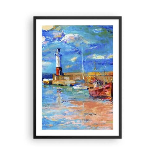Affiche dans un cadre noir - Poster - Un port pittoresque avec un phare et des bateaux amarrés - 50x70cm - Un après-midi dans la baie arc-en-ciel - Décoration murale moderne pour le salon et la chambre ARTTOR
