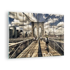 Impression sur verre - Image sur verre - Le pont de Brooklyn par une journée ensoleillée avec des piétons et des cyclistes - 70x50cm - Directement en plein coeur de la ville - Décoration murale moderne pour le salon et la chambre ARTTOR