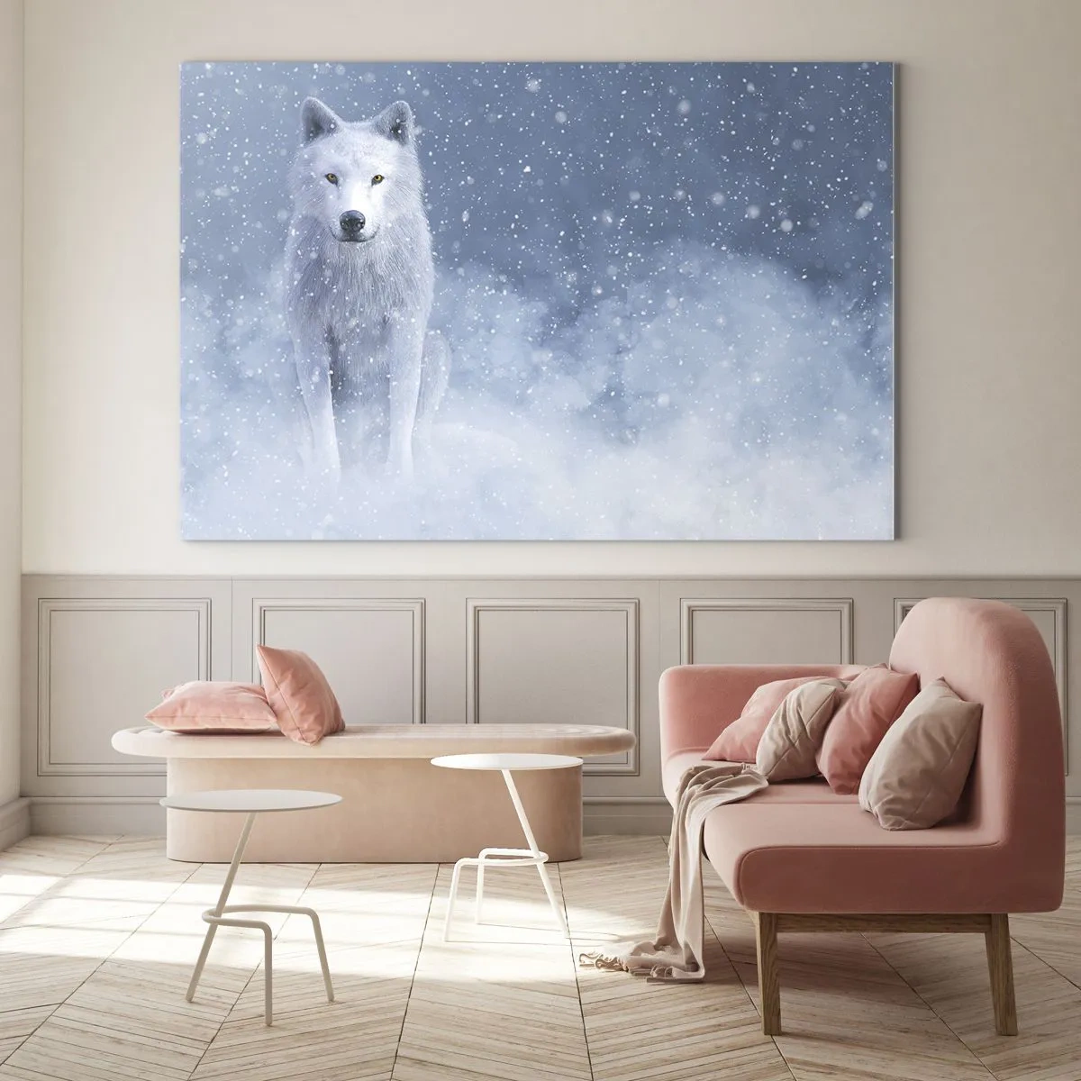 Impression sur verre - Image sur verre - Un loup blanc dans une tempête de neige regardant droit devant lui - 120x80cm - Dans une âme d'hiver - Décoration murale moderne pour le salon et la chambre ARTTOR
