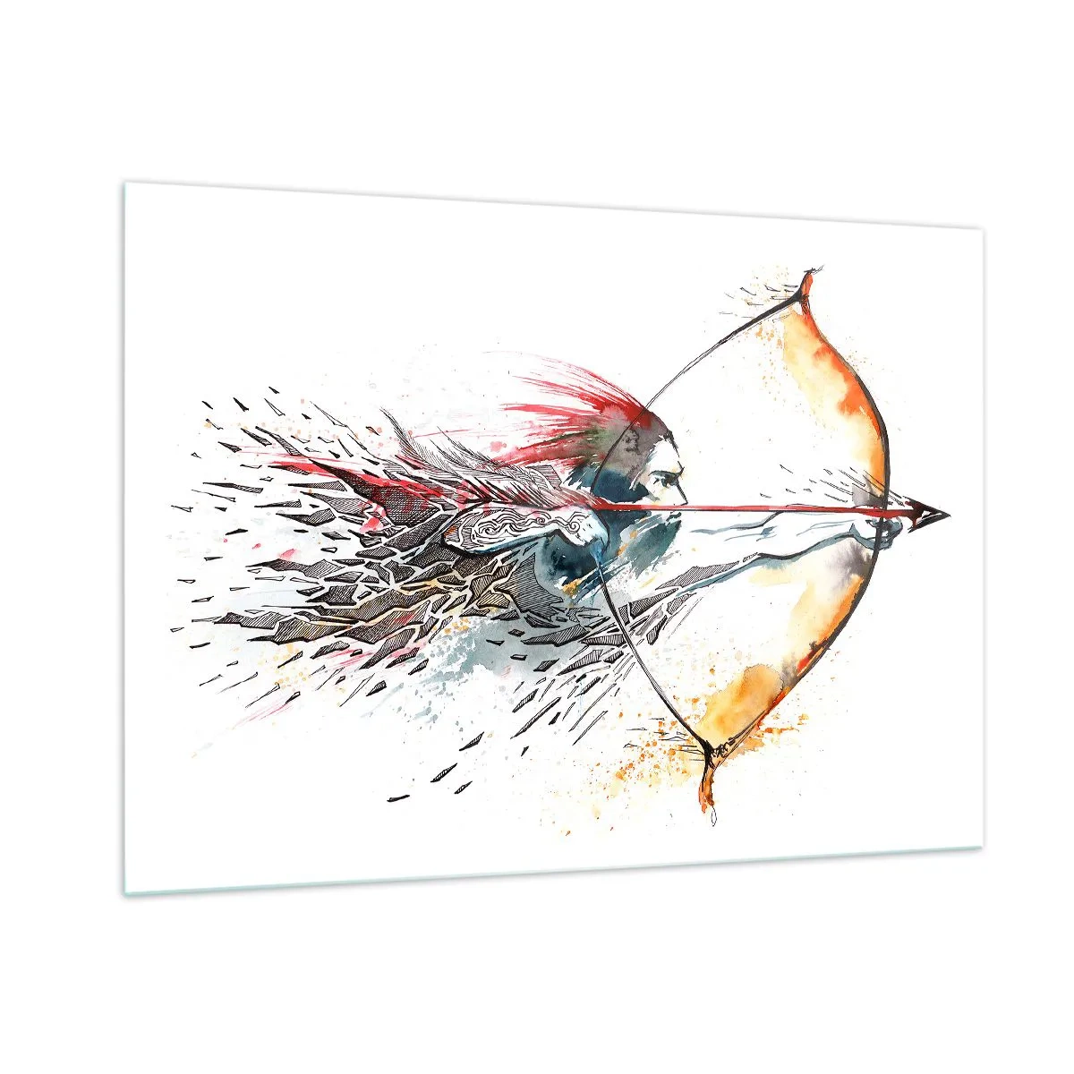 Impression sur verre - Image sur verre - Archer dans un décor d'aquarelle dynamique - 100x70cm - Guerrier mythique avec un arc de feu - Décoration murale moderne pour le salon et la chambre ARTTOR