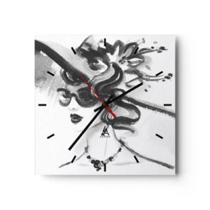 Horloge murale - Pendule murale - Femme élégante avec un chapeau de style noir et blanc - 30x30cm - Une dame de caractère - Décoration murale moderne pour le salon et la chambre ARTTOR