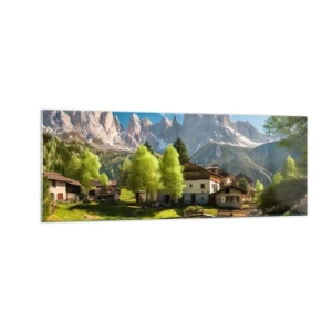 Impression sur verre - Image sur verre - Un village de montagne avec des maisons et une vue sur les Alpes - 140x50cm - Idylle alpine - Décoration murale moderne pour le salon et la chambre ARTTOR