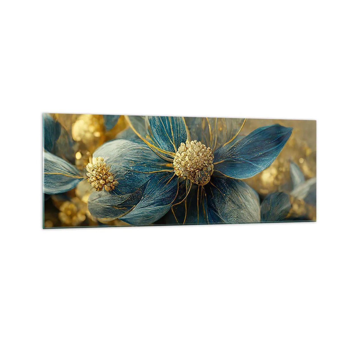 Impression sur verre - Image sur verre - Fleurs élégantes dans des tons de bleu et d'or - 140x50cm - Fleurir avec de l'or - Décoration murale moderne pour le salon et la chambre ARTTOR