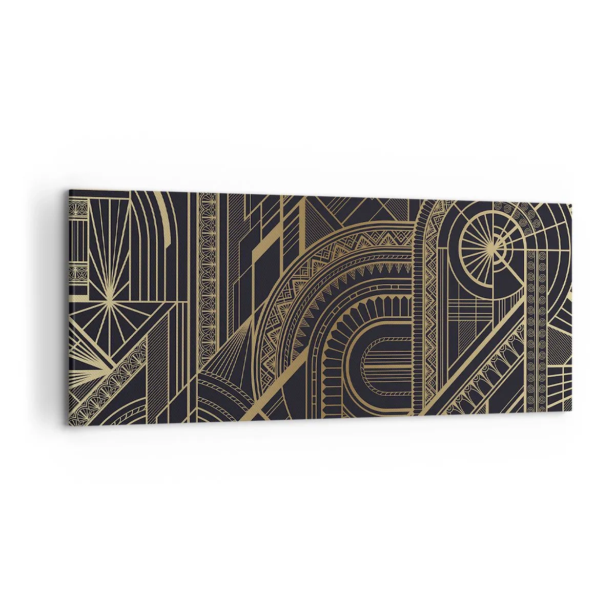 Impression sur toile - Image sur toile - Motifs géométriques dorés sur fond noir dans le style Art Déco - 120x50cm - Concept, idée, plan - Décoration murale moderne pour le salon et la chambre ARTTOR