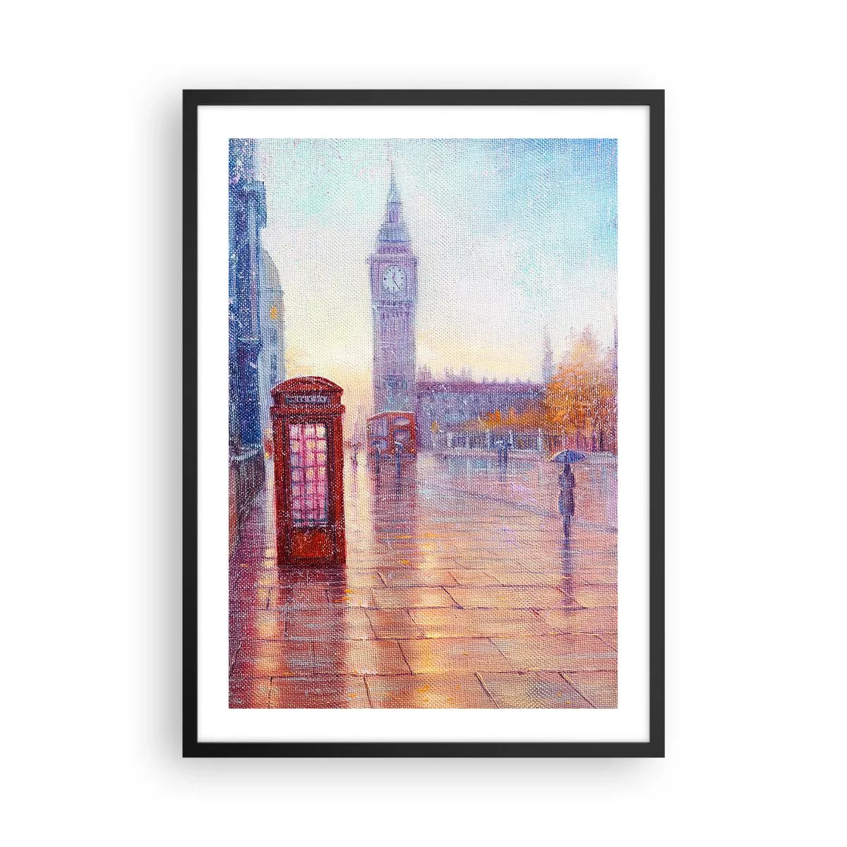 Affiche dans un cadre noir - Poster - Big Ben et la cabine téléphonique rouge un jour de pluie - 50x70cm - Jour automnal londonien - Décoration murale moderne pour le salon et la chambre ARTTOR