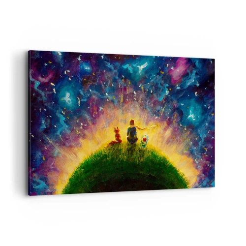 Impression sur toile - Image sur toile - Personnages sur une colline verdoyante entourée d'un ciel étoilé - 120x80cm - Amour et amitié - le monde entier - Décoration murale moderne pour le salon et la chambre ARTTOR