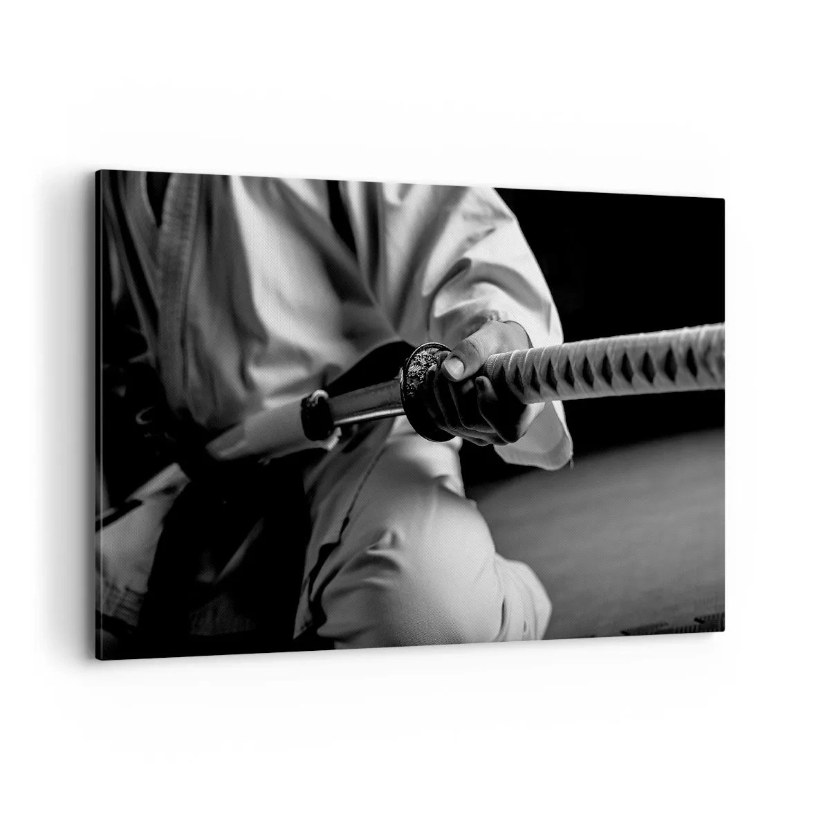 Impression sur toile - Image sur toile - Un samouraï en kimono tenant un katana en noir et blanc. - 100x70cm - Âme de guerrier - Décoration murale moderne pour le salon et la chambre ARTTOR