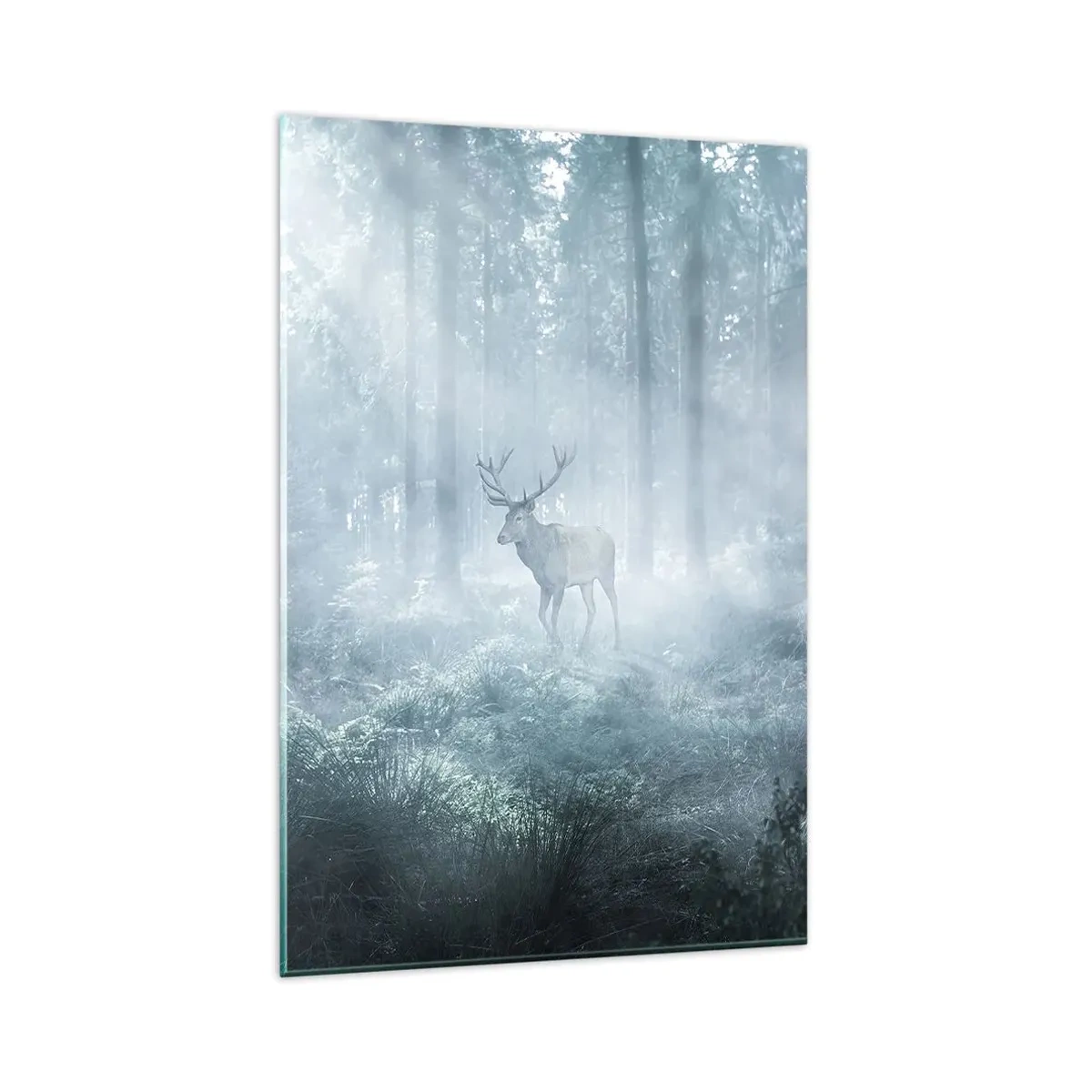 Impression sur verre - Image sur verre - Un cerf dans une forêt dense enveloppée de brume matinale - 80x120cm - Visite matinale du domaine - Décoration murale moderne pour le salon et la chambre ARTTOR