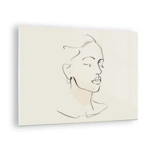 Impression sur verre - Image sur verre - Un portrait linéaire féminin sur un fond clair avec des ombres délicates. - 70x50cm - Une ligne certaine - Décoration murale moderne pour le salon et la chambre ARTTOR