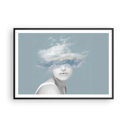 Affiche dans un cadre noir - Poster - Portrait d'une femme avec son visage caché derrière les nuages et les vagues - 100x70cm - La tête dans les nuages - Décoration murale moderne pour le salon et la chambre ARTTOR
