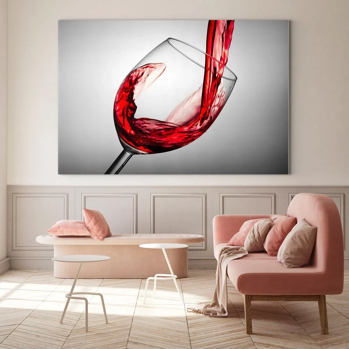 Impression sur verre - Image sur verre - Du vin rouge versé dans un verre sur un fond clair - 70x50cm - Nuance - mouvement - son - Décoration murale moderne pour le salon et la chambre ARTTOR
