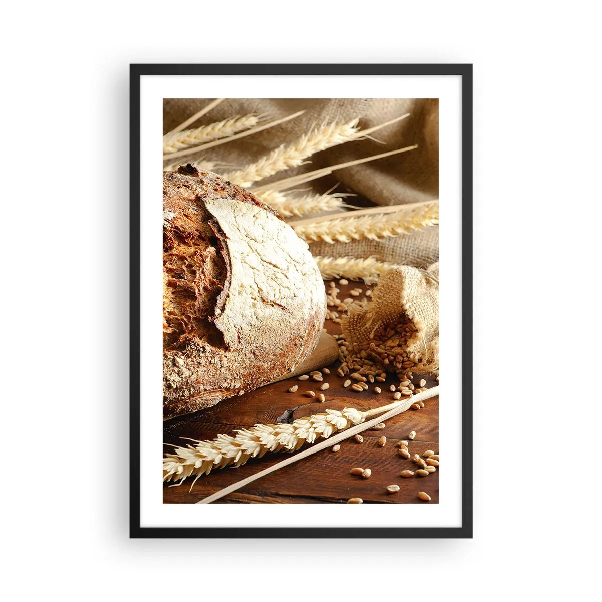Affiche dans un cadre noir - Poster - Pain sur une table en bois avec des épis de blé - 50x70cm - Appétissant, parfumé, croquant - Décoration murale moderne pour le salon et la chambre ARTTOR