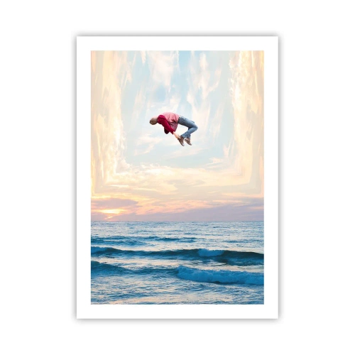 Affiche - Poster - Un homme saute dans le ciel au-dessus de l'océan au coucher du soleil - 50x70cm - Vers une autre dimension - Décoration murale moderne pour le salon et la chambre ARTTOR