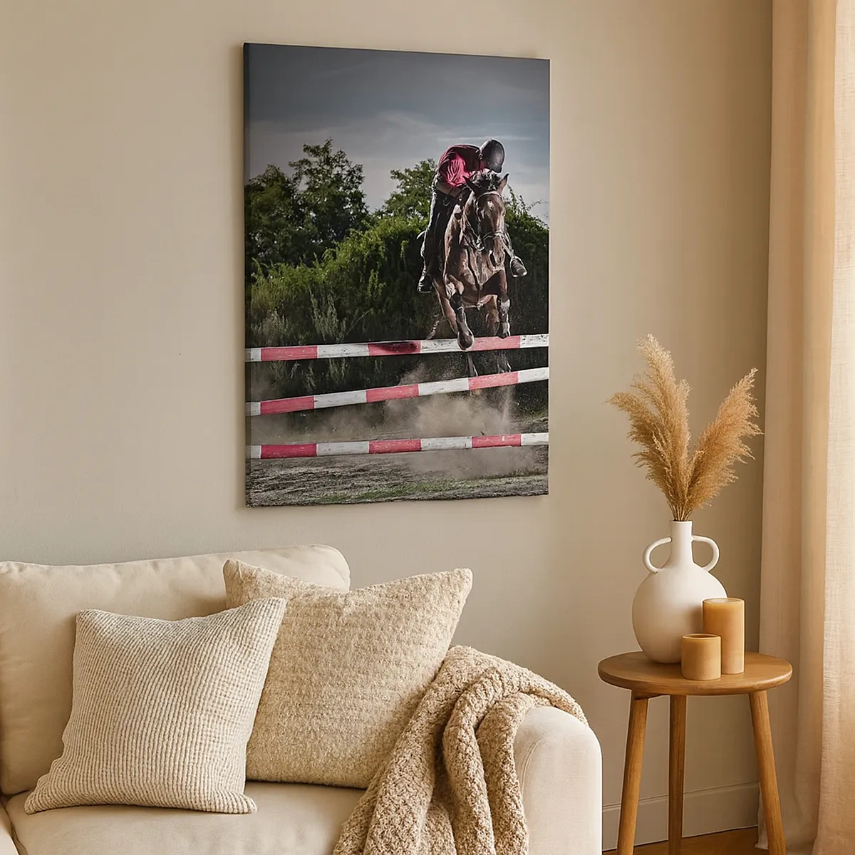 Impression sur toile - Image sur toile - Un cavalier sur un cheval sautant par-dessus un obstacle sur une piste de course - 50x70cm - Ensemble pour la victoire - Décoration murale moderne pour le salon et la chambre ARTTOR