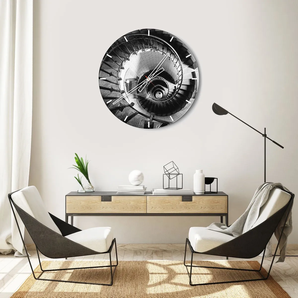 Horloge murale - Pendule murale - Escalier en colimaçon noir et blanc vu d'en haut - 30x30cm - De plus en plus haut - Décoration murale moderne pour le salon, la cuisine et la chambre ARTTOR