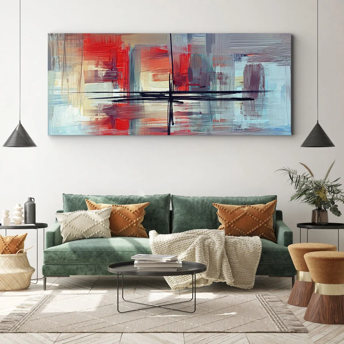 Impression sur toile - Image sur toile - Une composition abstraite aux couleurs intenses, aux lignes et aux formes géométriques. - 120x50cm - Un paysage dans une dimension inconnue - Décoration murale moderne pour le salon et la chambre ARTTOR