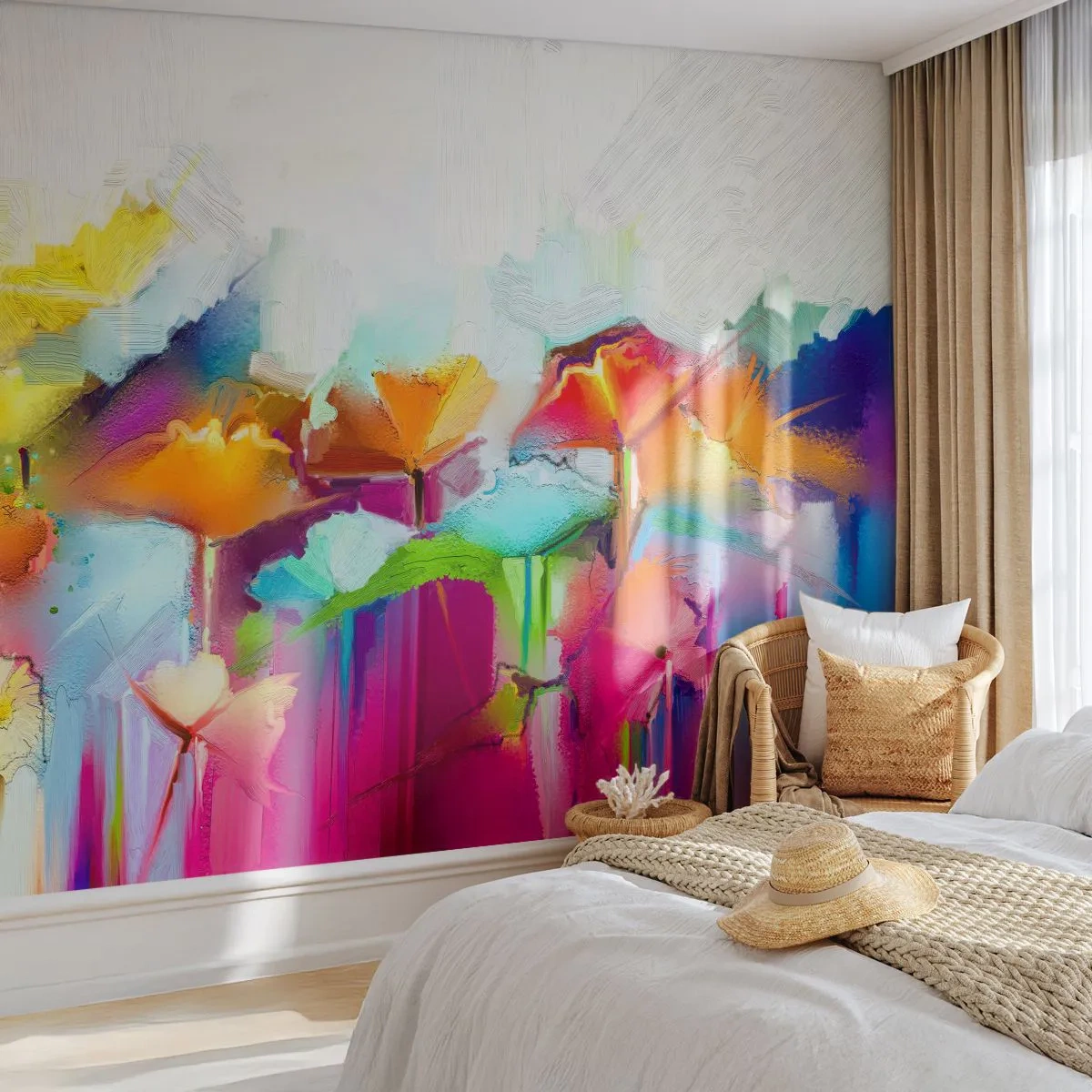 Papier Peint Photo Premium Sand - Abstraction colorée avec des fleurs aux nuances de l'arc-en-ciel - 100x70cm - L'arc-en-ciel s'est épanoui - Décoration murale moderne pour le salon et la chambre ARTTOR