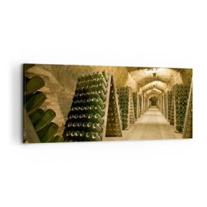 Impression sur toile - Image sur toile - Un vignoble avec une cave remplie de bouteilles de vin exposées sur des étagères en bois. - 120x50cm - L'éveil du goût - Décoration murale moderne pour le salon et la chambre ARTTOR