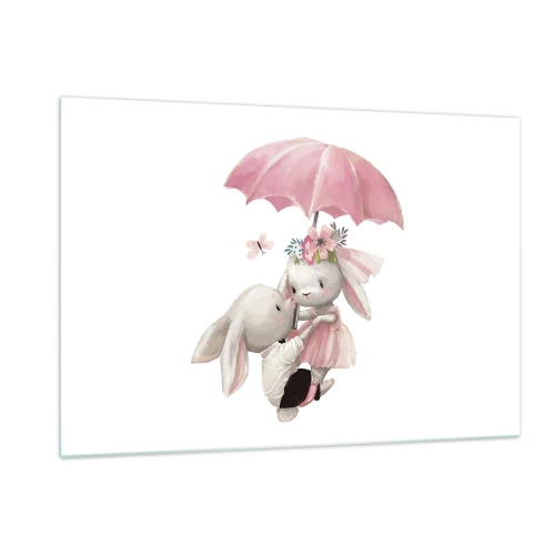 Impression sur verre - Image sur verre - Deux lapins sous un parapluie rose dans une scène romantique - 120x80cm - C'est ça l'amour - Décoration murale moderne pour le salon et la chambre ARTTOR