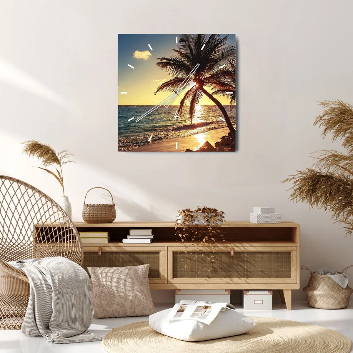 Horloge murale - Pendule murale - Coucher de soleil tropical sur une plage avec des palmiers - 30x30cm - L'été sous les palmiers - Décoration murale moderne pour le salon et la chambre ARTTOR