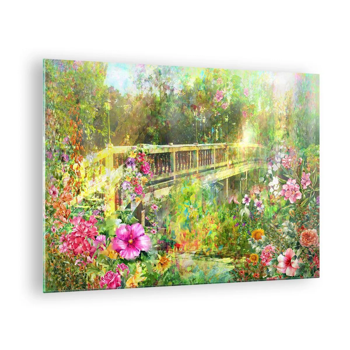 Impression sur verre - Image sur verre - Un pont entouré d'une végétation luxuriante et de fleurs colorées - 70x50cm - Le soupire d'un pont de printemps - Décoration murale moderne pour le salon et la chambre ARTTOR