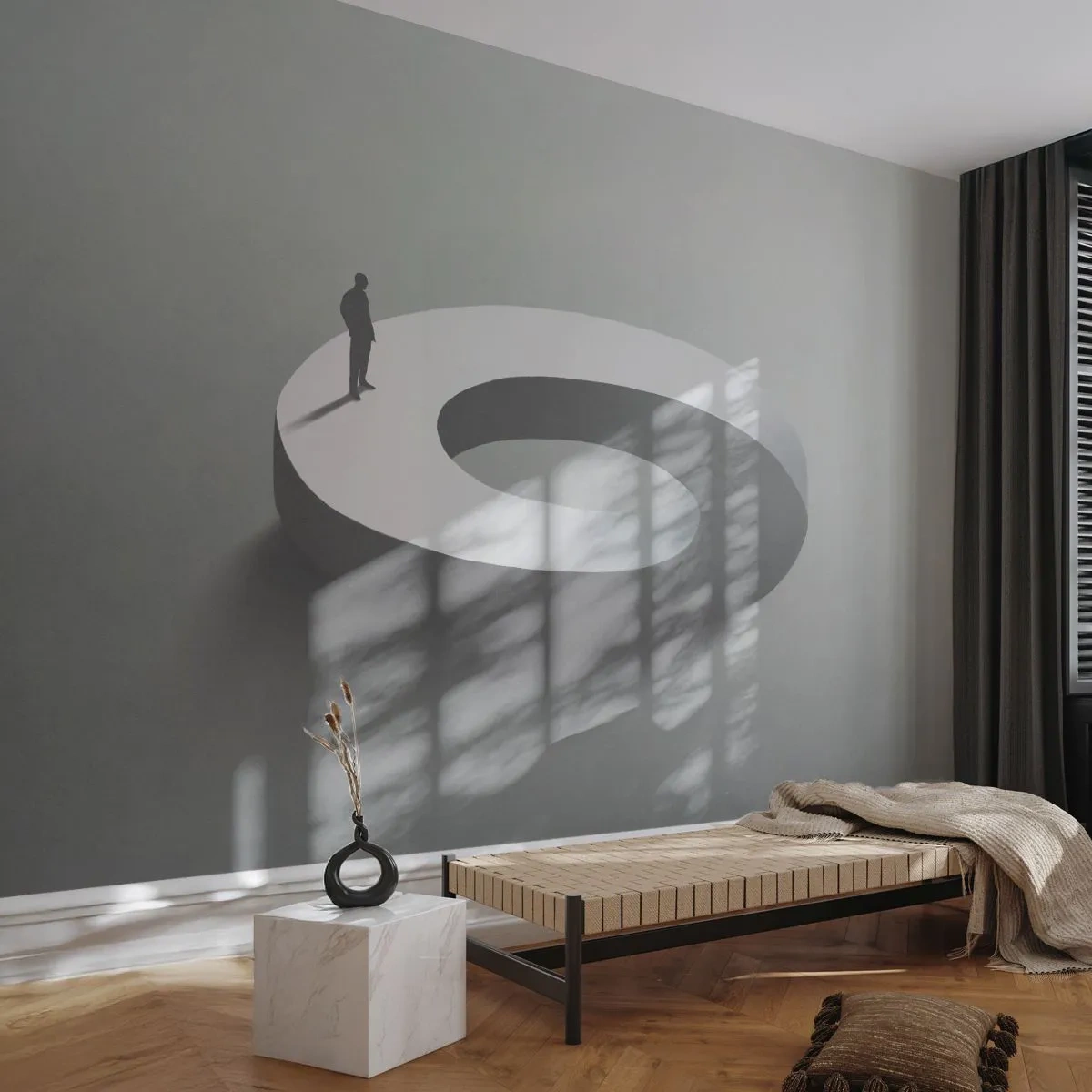 Papier Peint Photo Premium Sand - Silhouette minimaliste sur une bague blanche - 100x70cm - Et sois intelligent ici - Décoration murale moderne pour le salon et la chambre ARTTOR