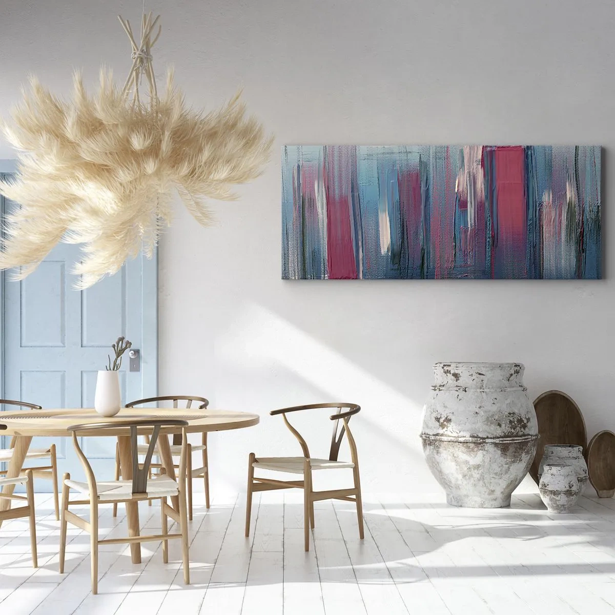 Impression sur toile - Image sur toile - Formes verticales abstraites dans des tons de bleu et de rouge - 140x50cm - Composition verticale en bleu et rouge - Décoration murale moderne pour le salon et la chambre ARTTOR