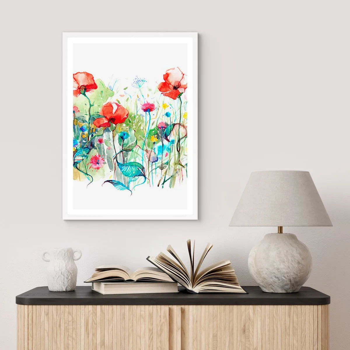 Affiche dans un cadre blanc - Poster - Prairie de fleurs en mai - 61x91 cm