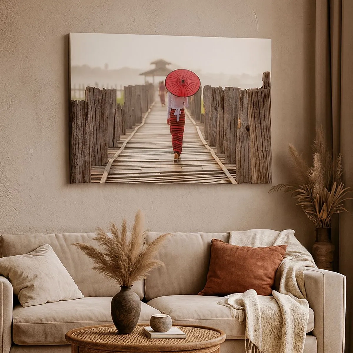 Impression sur toile - Image sur toile - Une femme avec un parapluie rouge sur un pont en bois - 70x50cm - Sur le vieux pont - Décoration murale moderne pour le salon et la chambre ARTTOR