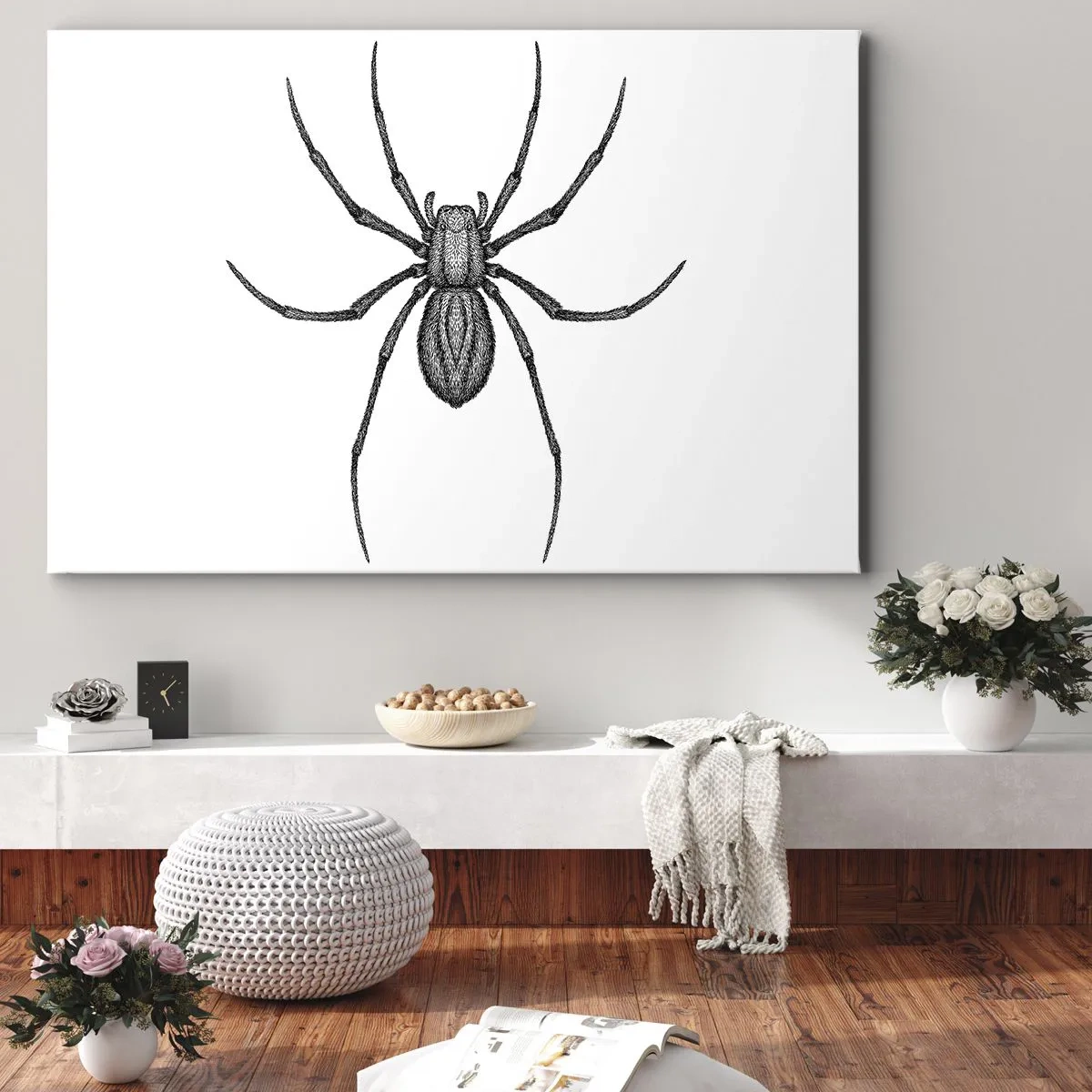 Impression sur toile - Image sur toile - Détail d'une araignée sur fond blanc dans un style dessin animé - 120x80cm - Une précision troublante - Décoration murale moderne pour le salon et la chambre ARTTOR