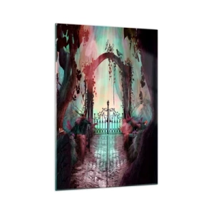 Impression sur verre - Image sur verre - Une entrée magique avec un portail en fer forgé entouré d'une végétation mystérieuse - 70x100cm - Jardin secret - Décoration murale moderne pour le salon et la chambre ARTTOR