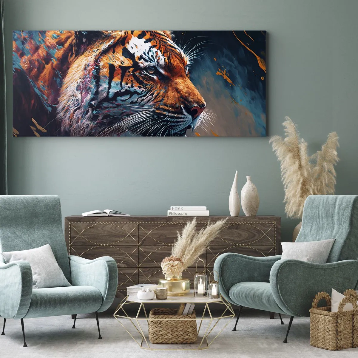 Impression sur toile - Image sur toile - Portrait d'un tigre aux couleurs dynamiques et abstraites - 140x50cm - Beauté sauvage - Décoration murale moderne pour le salon et la chambre ARTTOR