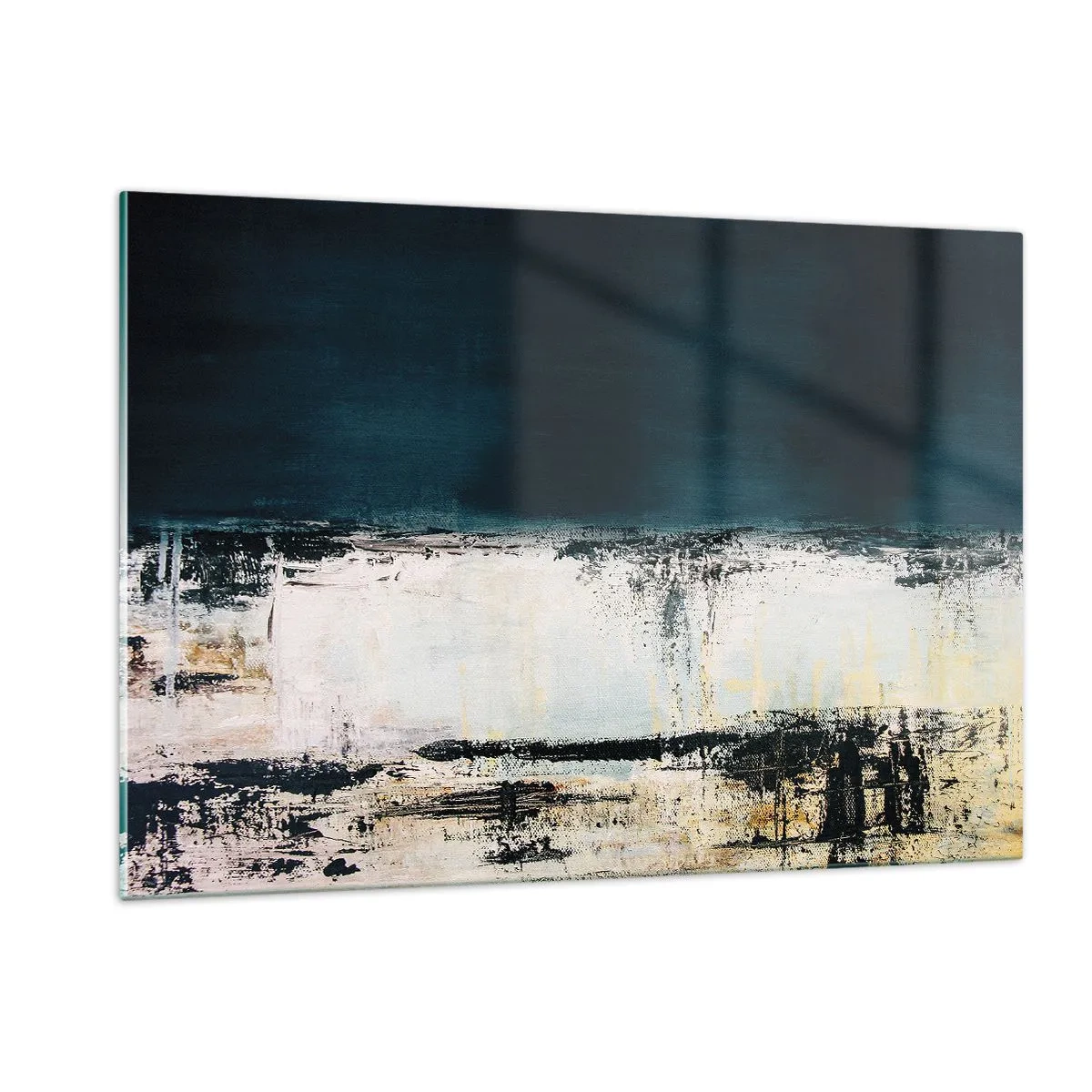 Impression sur verre - Image sur verre - Paysage abstrait dans les tons bleu marine et blanc - 120x80cm - Composition horizontale - Décoration murale moderne pour le salon et la chambre ARTTOR