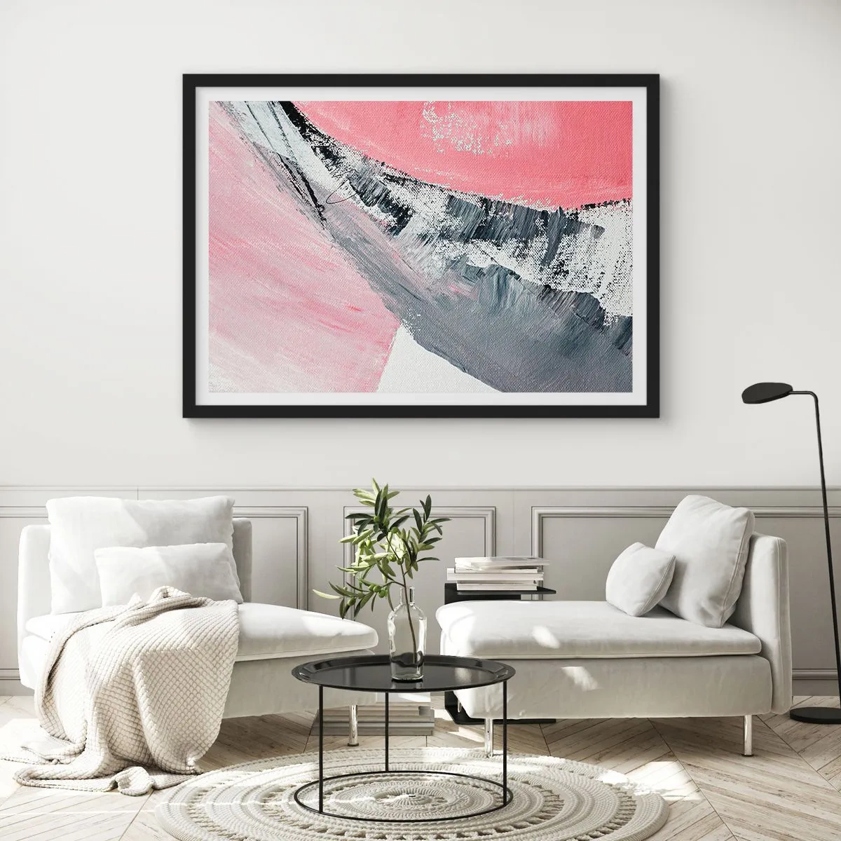 Affiche dans un cadre noir - Poster - Une composition abstraite dans les tons de rose et de gris. - 70x50cm - Composition assortie - Décoration murale moderne pour le salon et la chambre ARTTOR