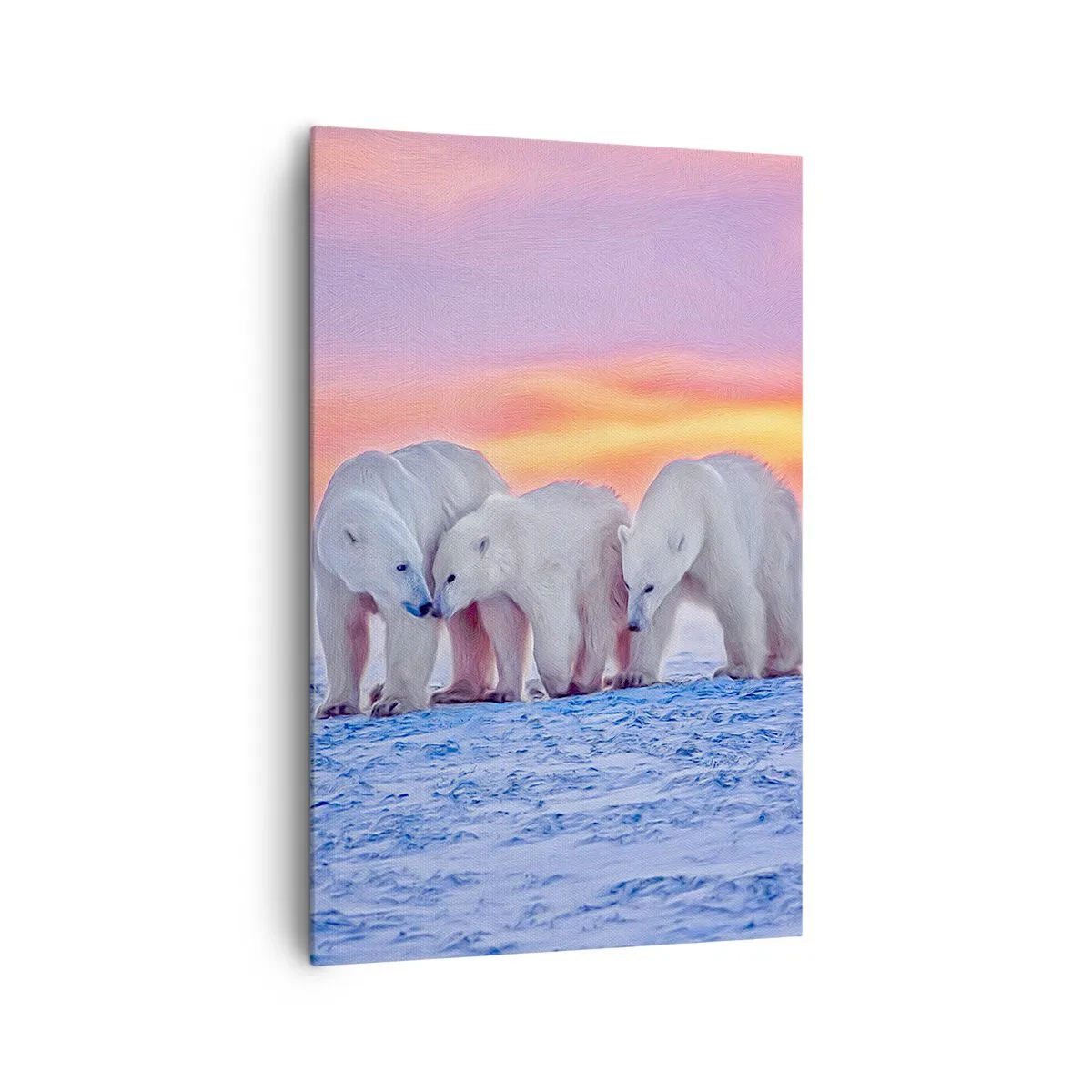 Impression sur toile - Image sur toile - Trois ours polaires sur fond de coucher de soleil arctique - 80x120cm - La chaleur familiale suffit - Décoration murale moderne pour le salon et la chambre ARTTOR