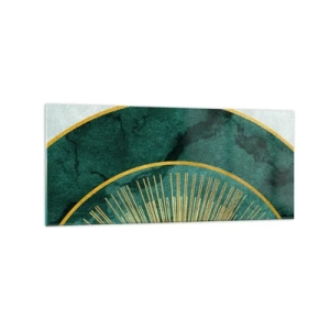 Impression sur verre - Image sur verre - Motif abstrait avec des cercles aux couleurs émeraude et or. - 120x50cm - Un autre système solaire - Décoration murale moderne pour le salon et la chambre ARTTOR
