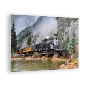Impression sur verre - Image sur verre - Une locomotive à vapeur sur un pont dans les montagnes - 70x50cm - Et lui jusqu'où? Jusqu'où? - Décoration murale moderne pour le salon et la chambre ARTTOR