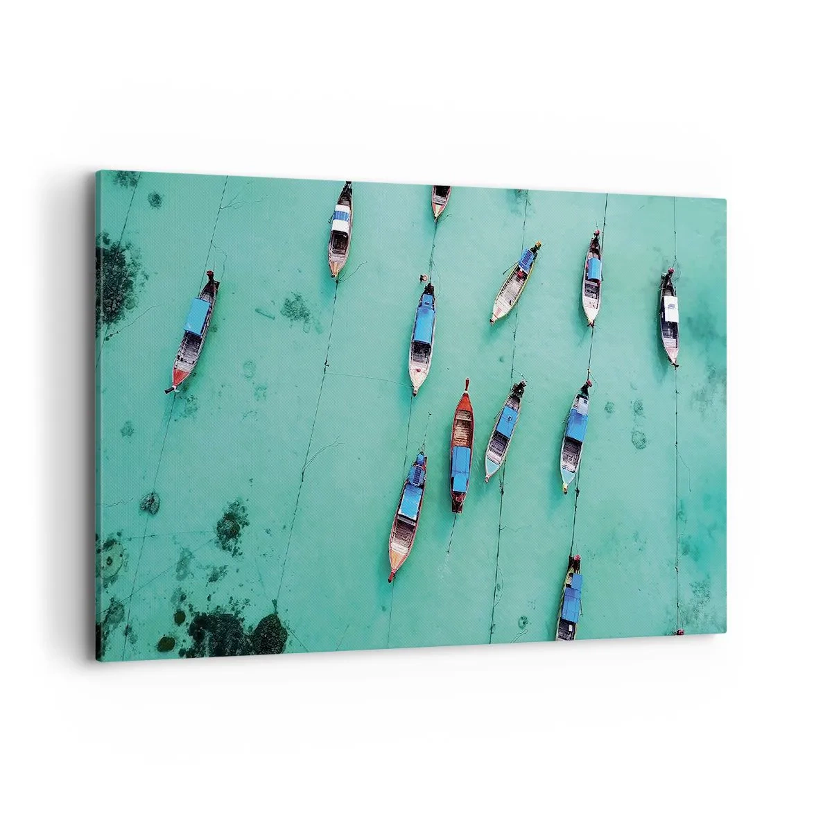 Impression sur toile - Image sur toile - Vue aérienne de bateaux sur une eau turquoise - 100x70cm - Dans une attente jouyeuse - Décoration murale moderne pour le salon et la chambre ARTTOR