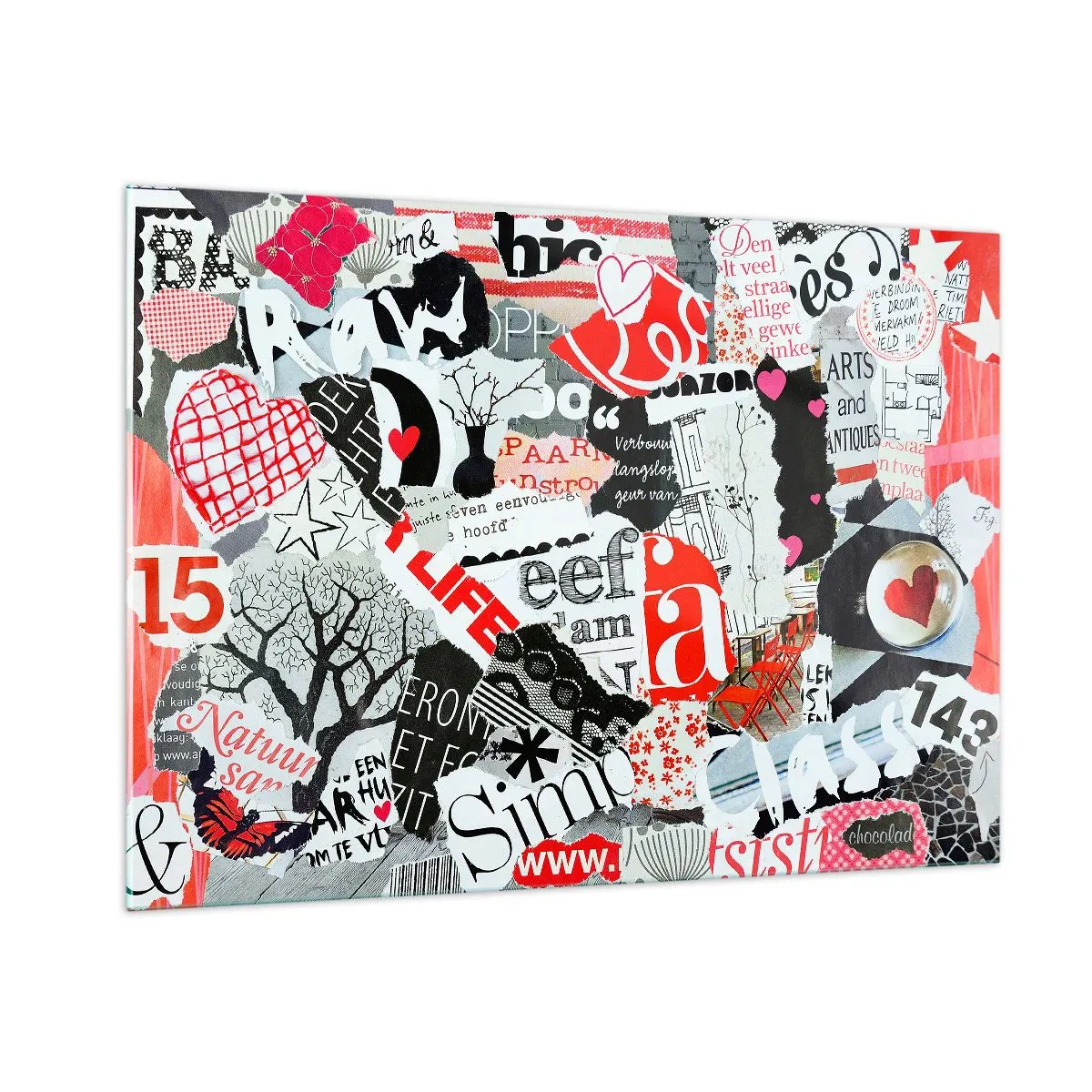 Impression sur verre - Image sur verre - Un collage de lettres, de cœurs et d'arbres dans un style artistique. - 100x70cm - Collage hipster - Décoration murale moderne pour le salon et la chambre ARTTOR