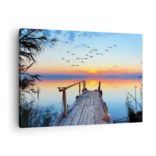 Impression sur toile - Image sur toile - Jetée en bois sur le lac au coucher du soleil - 70x50cm - Il est temps de rentrer... - Décoration murale moderne pour le salon et la chambre ARTTOR