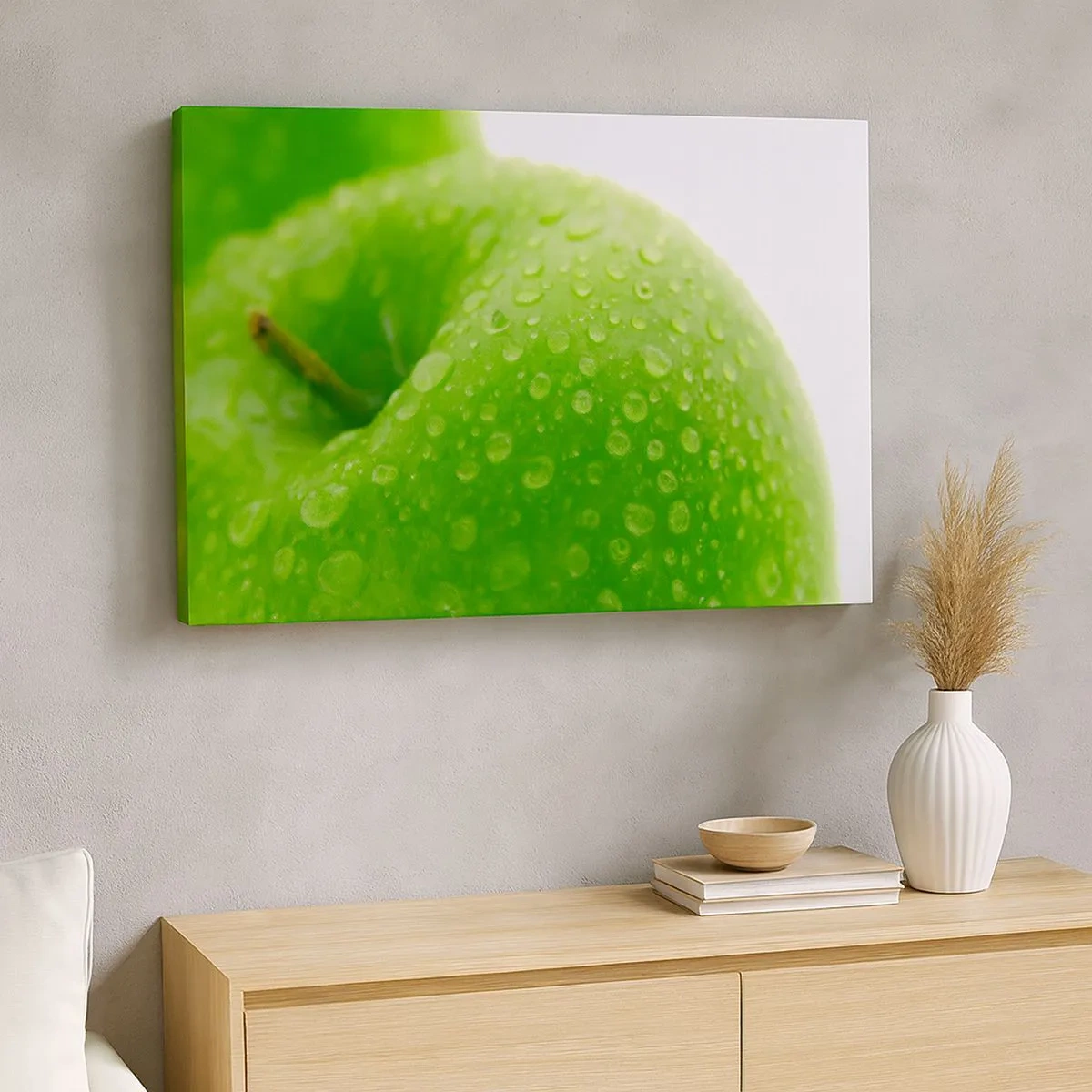 Impression sur toile - Image sur toile - Gros plan d'une pomme verte avec des gouttes d'eau - 70x50cm - Fraîcheur de verdure fraîche - Décoration murale moderne pour le salon et la chambre ARTTOR