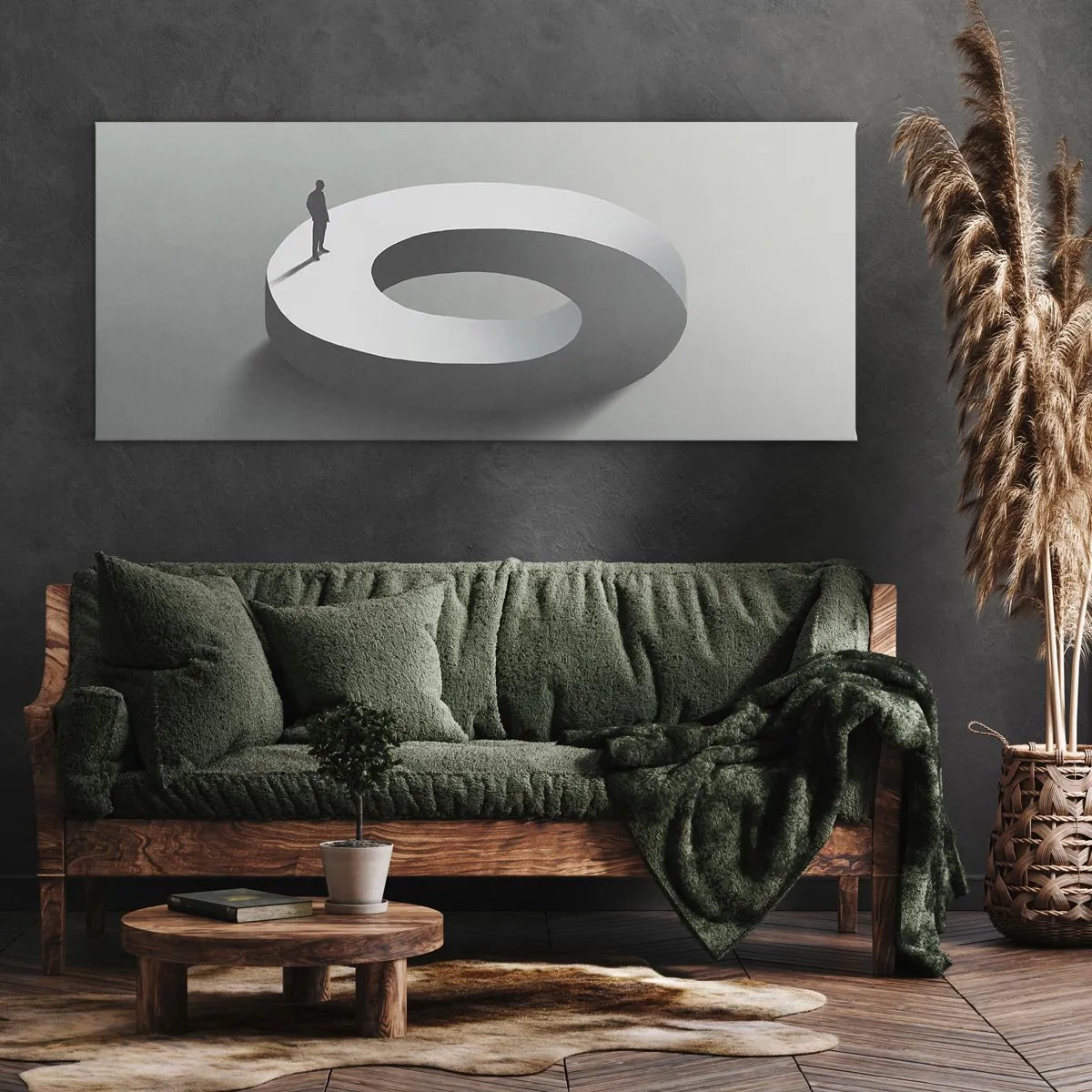 Impression sur toile - Image sur toile - Un homme sur une structure grise et abstraite - 160x50cm - Et sois intelligent ici - Décoration murale moderne pour le salon et la chambre ARTTOR