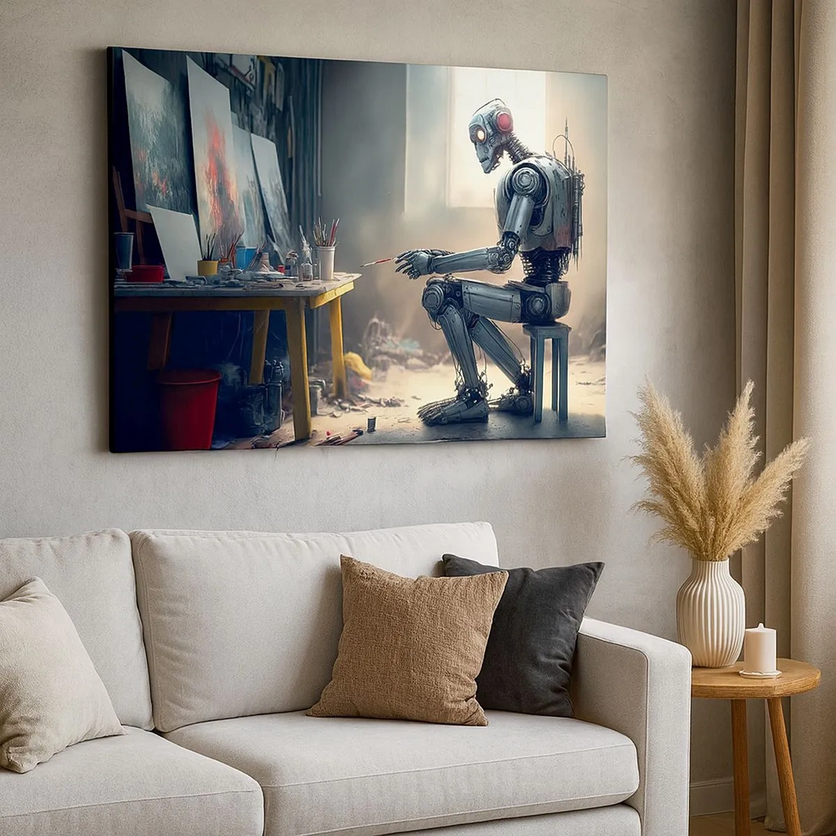 Impression sur toile - Image sur toile - Un robot peignant un tableau dans un atelier d'art - 70x50cm - L'acte de création - Décoration murale moderne pour le salon et la chambre ARTTOR