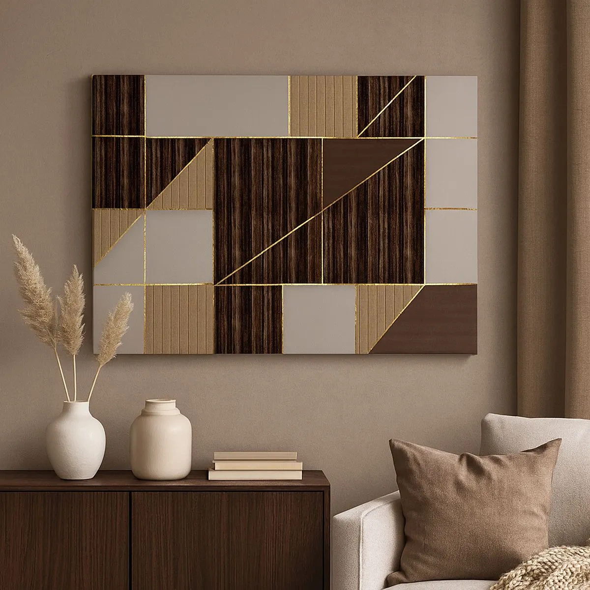 Impression sur toile - Image sur toile - Motifs géométriques dans les tons de marron avec des lignes dorées - 70x50cm - Mozaique de bronze et d'or - Décoration murale moderne pour le salon et la chambre ARTTOR