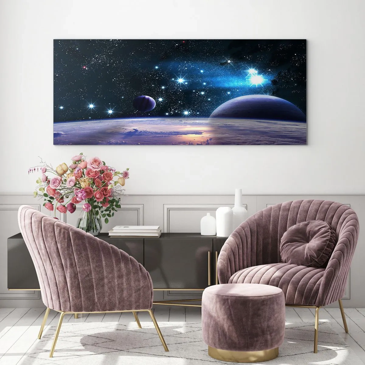 Impression sur verre - Image sur verre - Une vue de l'espace avec des planètes et des étoiles - 140x50cm - Toujours seul? - Décoration murale moderne pour le salon et la chambre ARTTOR