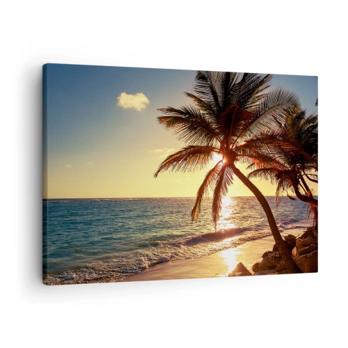 Impression sur toile - Image sur toile - Coucher de soleil tropical sur une plage avec des palmiers - 70x50cm - L'été sous les palmiers - Décoration murale moderne pour le salon et la chambre ARTTOR
