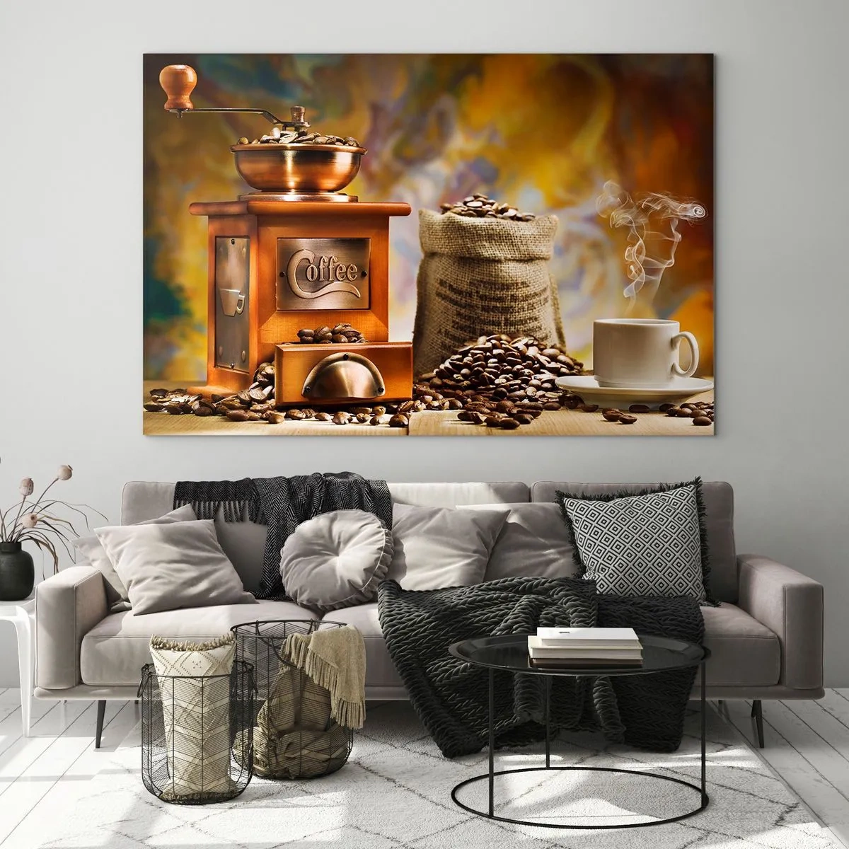 Impression sur verre - Image sur verre - Moulin à café, grains et une tasse sur une table en bois - 120x80cm - Le craquement des grains, le cliquetis d'un moulin - Décoration murale moderne pour le salon et la chambre ARTTOR