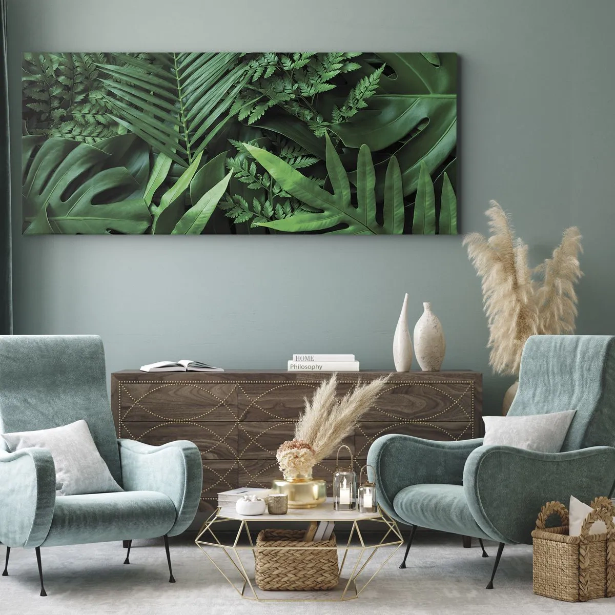 Impression sur toile - Image sur toile - Feuilles tropicales vertes dans une composition dense et naturelle - 160x50cm - Emmitouflé de verdure - Décoration murale moderne pour le salon et la chambre ARTTOR