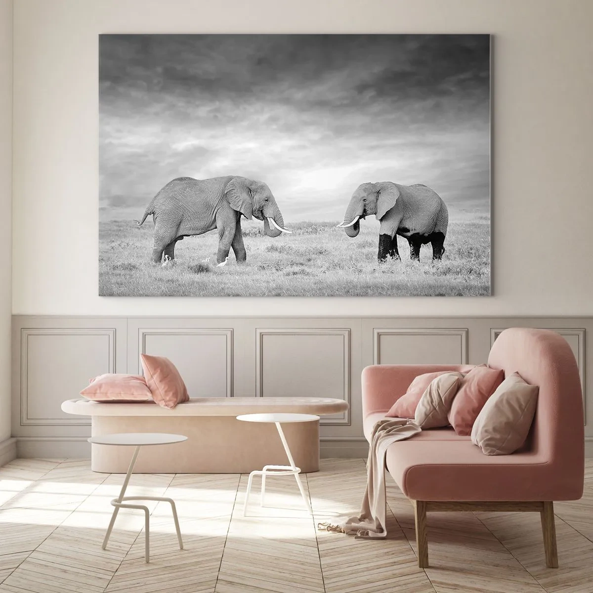 Impression sur verre - Image sur verre - Deux éléphants dans la savane dans des tons de noir et blanc - 70x50cm - Le gris est beau - Décoration murale moderne pour le salon et la chambre ARTTOR